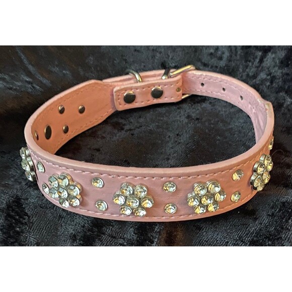 Pink Dog Collar Rhinestone Flowers Gemstone Studs Sz M Silver Buckle - Picture 1 of 9